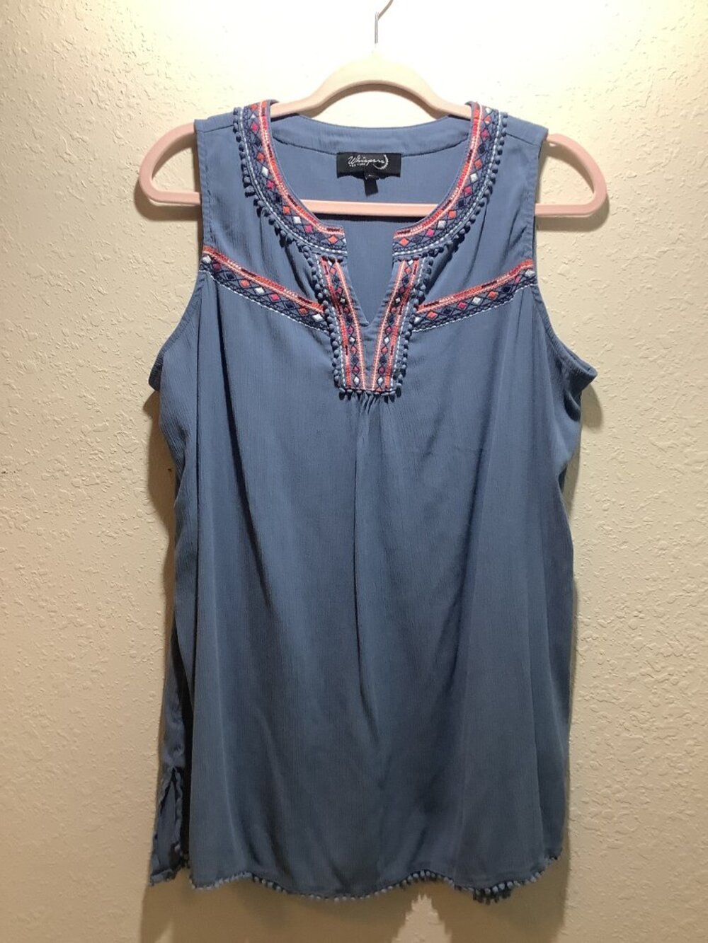 Whispers Flowy Sleeveless Blue Red Embroidered Top Cotton Size 0X